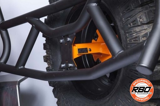 A close up of a UTV rack with Spare tire mounted to cargo rack