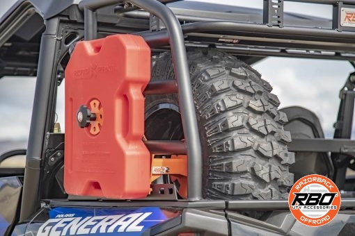 A closeup of a Polaris General spare tire mount with fuel can
