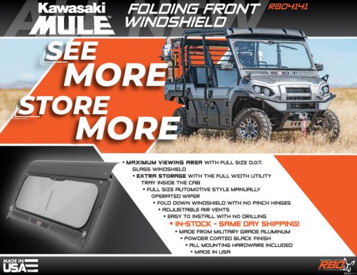 RBO Kawasaki Mule Folding Front Glass Windshield Features and Benefits Flyer