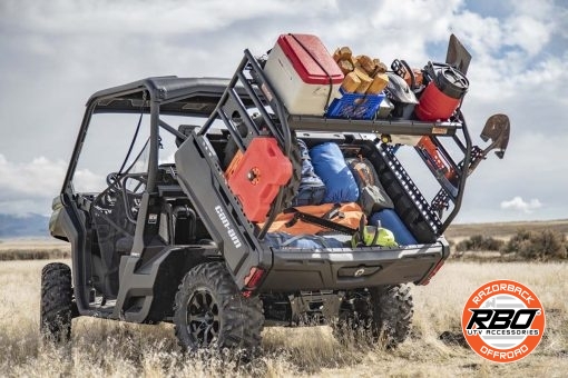 Bed of ATV tilted down and filled with luggage