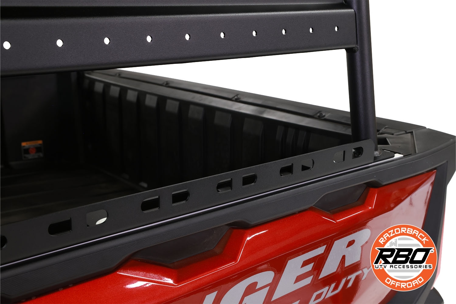 Side view of Razorback Offroad Cargo Rack showing steel frame and aluminum tray for Polaris Ranger XD 1500