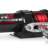 Angled view of Warrior Ninja 2,000 lb 12V UTV winch showing red synthetic rope, hook, and fairlead