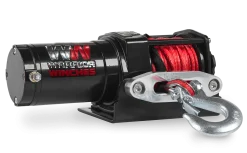 Angled view of Warrior Ninja 2,000 lb 12V UTV winch showing red synthetic rope, hook, and fairlead