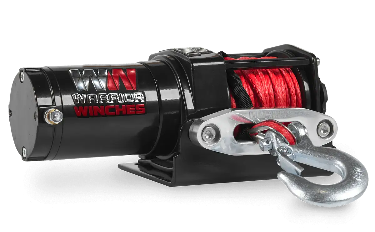 Angled view of Warrior Ninja 2,000 lb 12V UTV winch showing red synthetic rope, hook, and fairlead