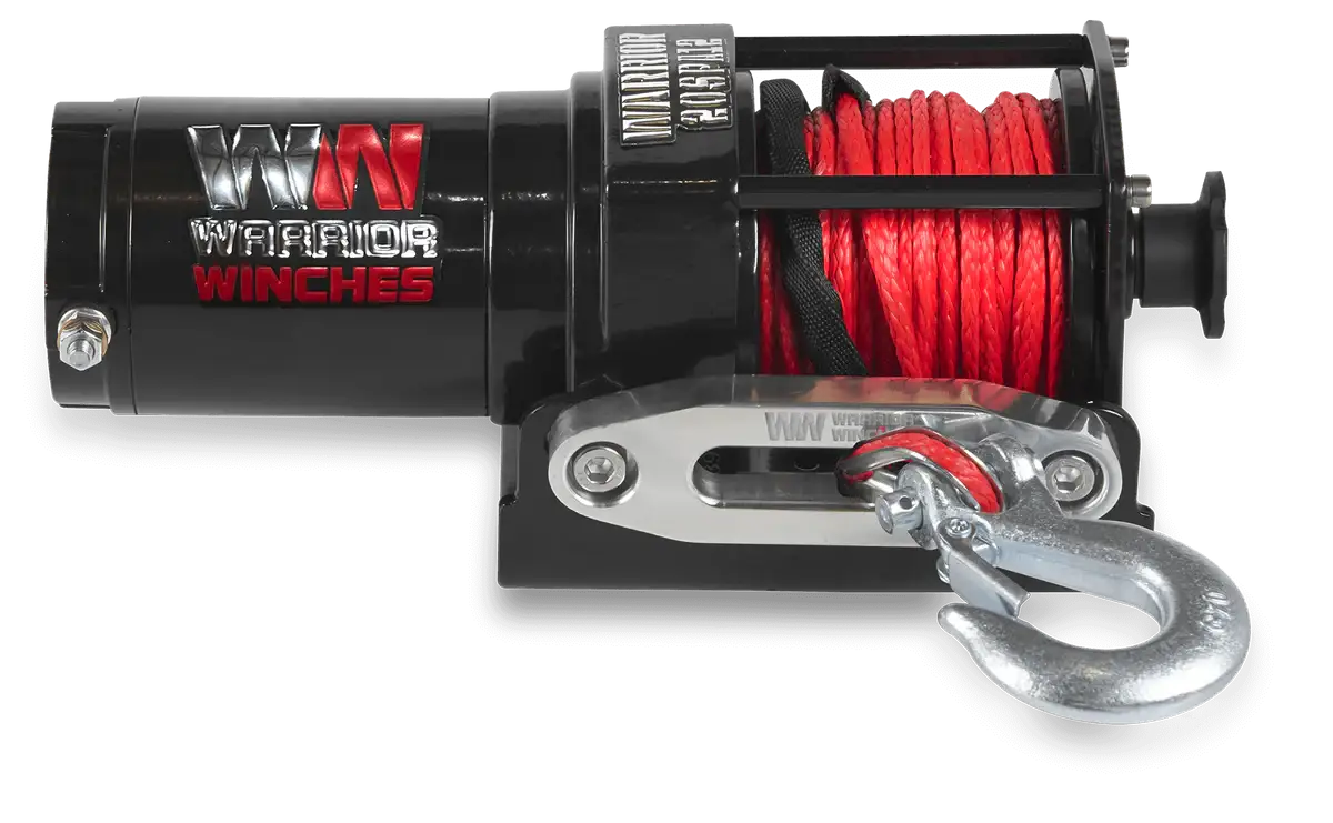 Front view of Warrior Ninja 2,000 lb 12V UTV winch with red synthetic rope and hawse fairlead