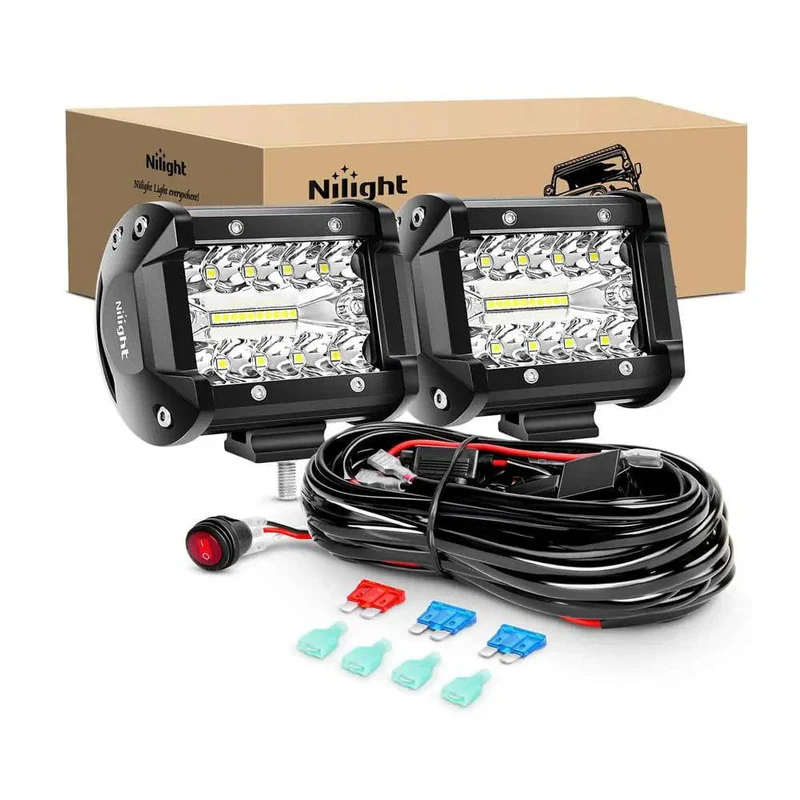 nilight-4-inch-60w-led-work-light-pods-wiring-harness-kit Nilight 4 inch 60W triple row LED work light pods kit with 12-foot wiring harness and 3-pin switch